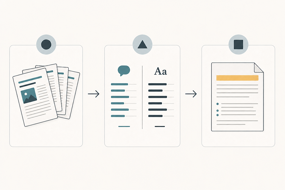 Select-train-test cards turning blog samples into a writing-instruction sheet