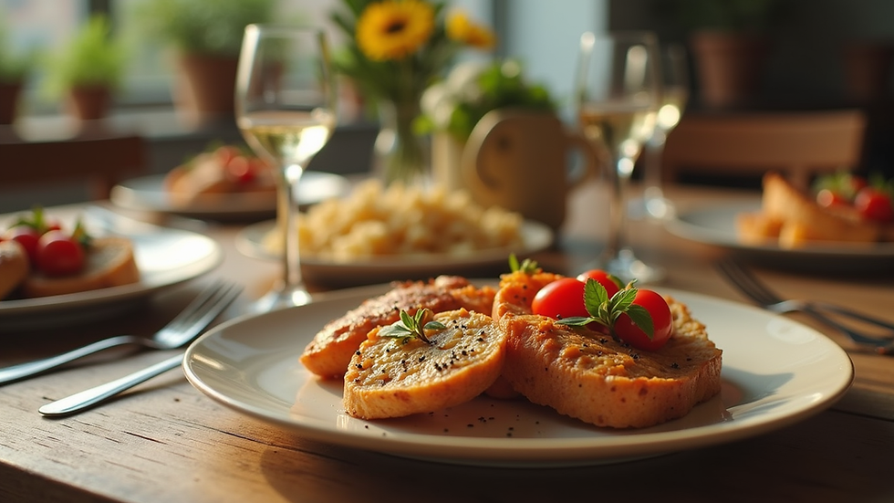 Eye-level view of a beautifully set dining table with delicious food