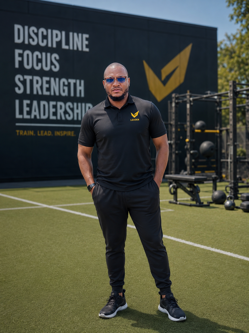 Man on turf field, wall with 'DISCIPLINE FOCUS STRENGTH LEADERSHIP'