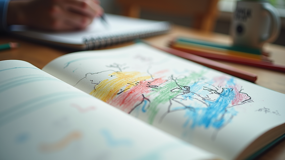 Close-up view of a sketchbook with colorful drawings and pencils