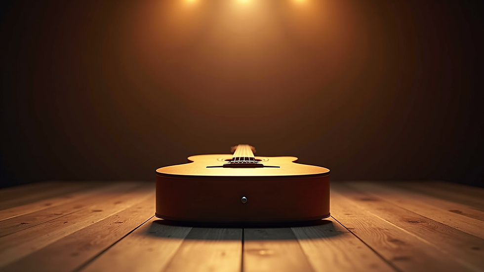 Close-up view of a guitar resting on a wooden stage