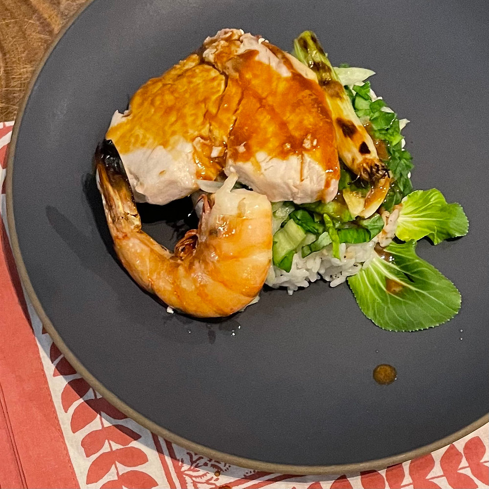 Grilled Swordfish & Shrimp with Ginger Sauce, and NoriPeanut Rice