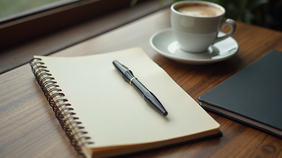 High angle view of a journal and pen on a desk with a cup of coffee