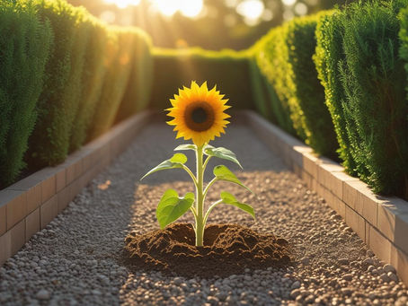 A single seed sprouting into a strong plant within a clear, structured garden path, with sunlight streaming through. Represents growth through proper structure and care.
