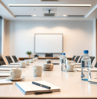 A realistic photo of a modern meeting room in Huntsville Alabama set up for a mastermind_