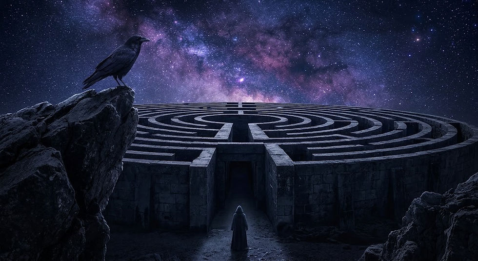 A detailed perspective photo from a high oak branch, looking down as Sandra Lynn Chamberlain's polydactyl cat, Jinx, and a black crow witness a solitary figure standing before a massive, complex labyrinth under a starlit nebula.