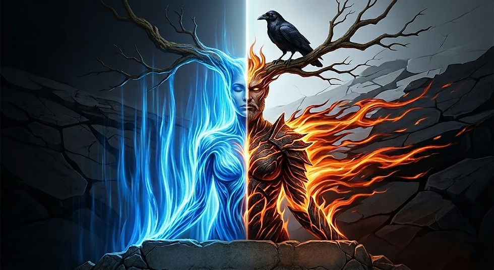 A surrealist digital portrait of a human figure vertically split; the left side is composed of soft, flowing blue energy (Divine Feminine/Water) and the right side is jagged, fiery red energy (Hijacked Masculine/Fire). A black crow perched on an oak branch observes the internal division, symbolizing the 'Great Divorce' within the soul.