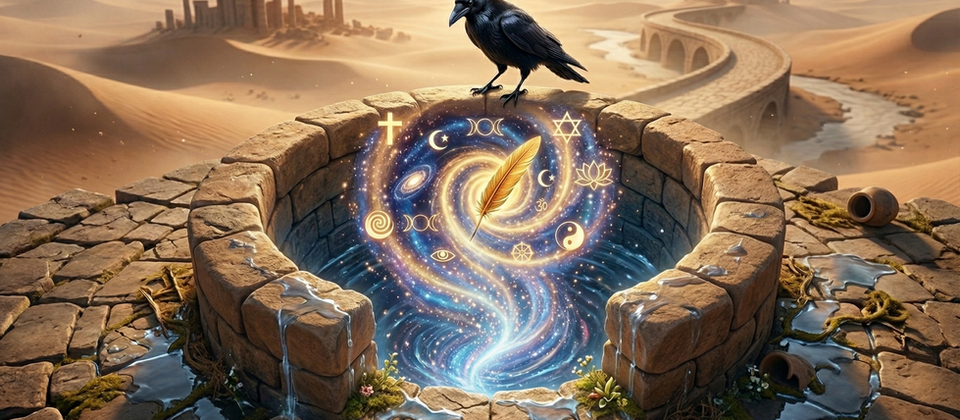 A large black crow perched on the rim of an ancient stone well as a swirling nebula of gold and blue cosmic light rises from the depths.