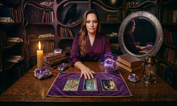 Wider view of Sandra Lynn Chamberlain (The Sentinel) seated at the scriptorium desk with amethyst, quill, and tarot cards, looking directly at the camera while holding the energy for a live reading