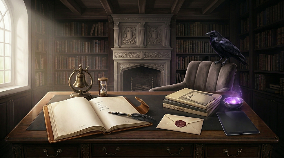 Header banner for the Contact Page, featuring an open leather Inquiry Ledger, a black crow, and a scrying bowl on an antique desk in the Karmic Crow Scriptorium Archives.