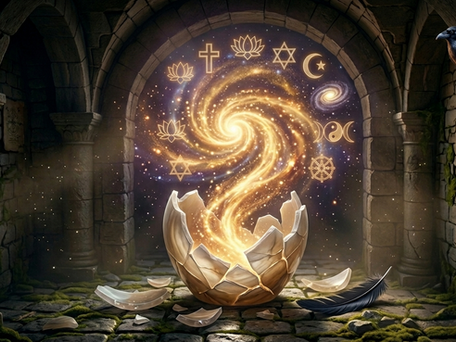 A close-up of a shattered alabaster jar on a stone floor with swirling golden cosmic light and fragrance escaping. A black crow observes from the shadows.