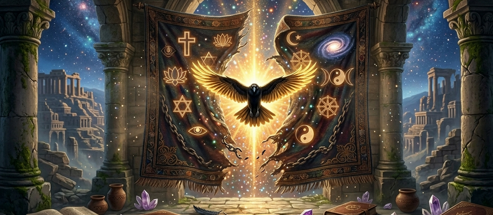 A large black crow flying directly through a massive ancient temple tapestry as it tears down the middle, erupting with blinding golden-amber cosmic light.