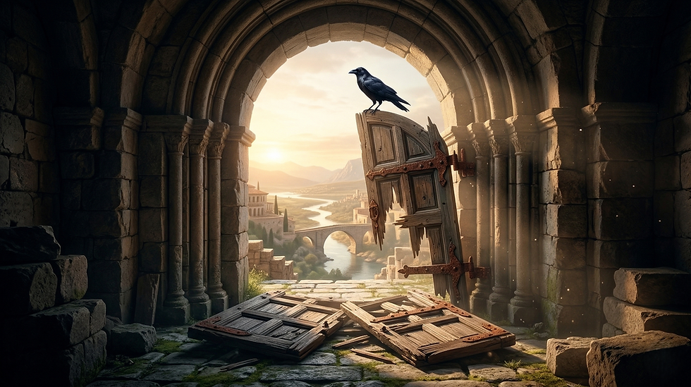 A black crow silhouetted against a bright, sun-dappled Mediterranean landscape, perched on the frame of a stone archway where a heavy wooden door has been ripped off its hinges.