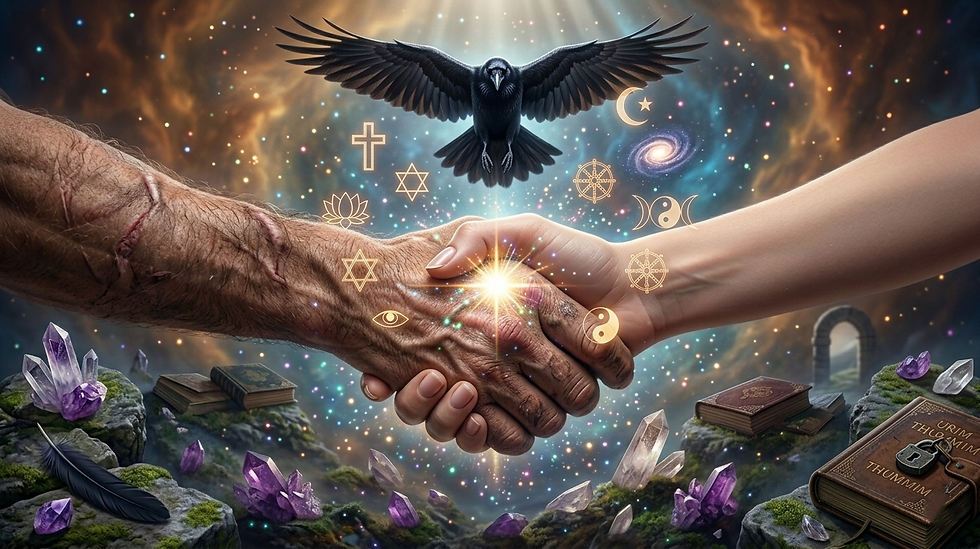 A close-up of two human hands joined in a glowing handshake, with a spark of brilliant white and gold light between them and a crow flying overhead.