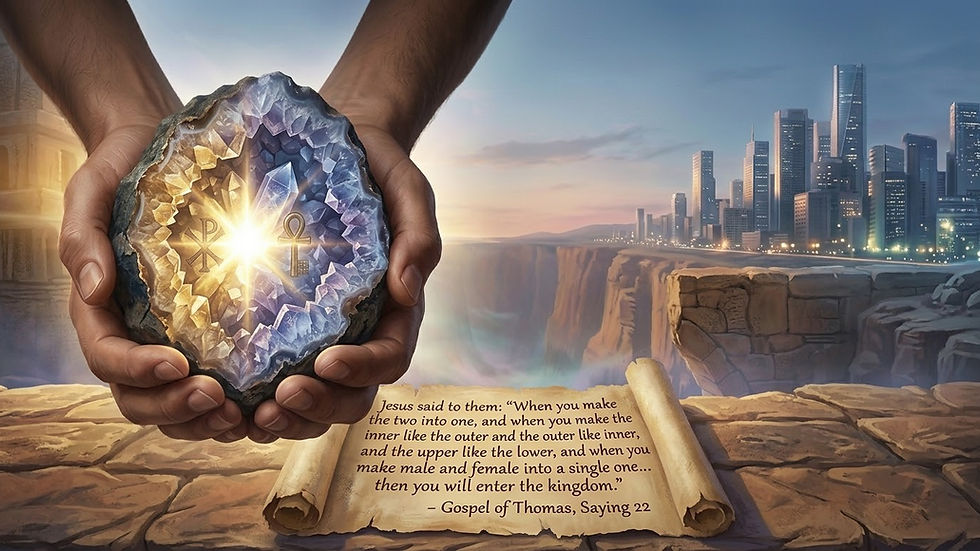 A close-up landscape view of detailed hands cradling a cracked geode that reveals a brilliant white-gold Divine Spark. The crystals inside are split between golden sunlit and purple moonlit tones, with an unrolled papyrus scroll of Saying 22 in the foreground against a desert canyon.