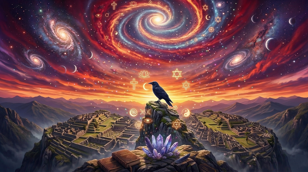 A dramatic, deep red and amber sunset over a vast valley, with a large black crow perched on a high rocky cliff looking out as the old-world fades into darkness.