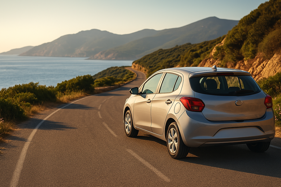 Vue arrière d'une voiture de location roulant sur une route côtière sinueuse à Ajaccio, au coucher du soleil, en Corse.