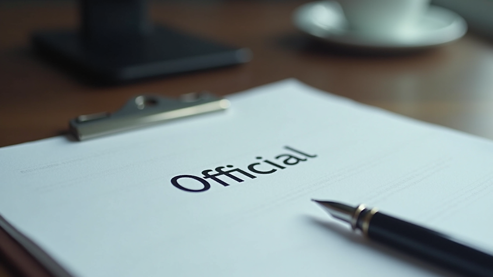 Close-up view of official documents and a pen on a desk
