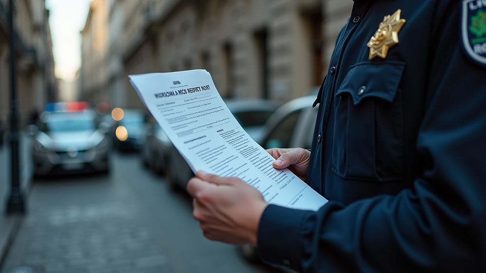 close-up view of a police officer holding a crime report document