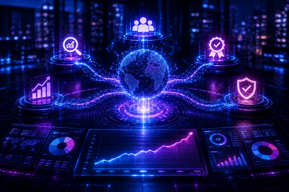 Imagen conceptual sobre resultado esperado dentro de una estrategia de posicionamiento para motores de inteligencia artificial, mostrando un ecosistema digital futurista donde múltiples señales de autoridad, reputación, crecimiento y confianza convergen alrededor de una estructura central interconectada. La escena representa fortalecimiento progresivo de descubrimiento generativo, comprensión contextual y visibilidad estratégica dentro de plataformas GEO, SEO, AEO y LLMO, utilizando una estética hiperrealista en tonos azul, morado y magenta.