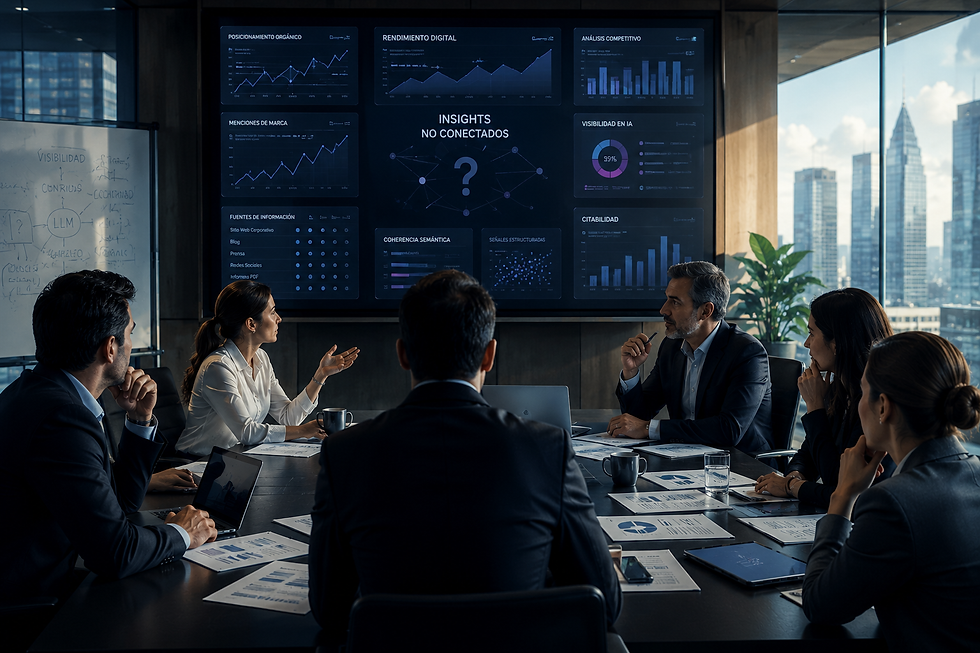 Imagen conceptual sobre inconsistencia semántica en el sector financiero, mostrando a un grupo de profesionales analizando información y visualizaciones desconectadas dentro de una sala corporativa moderna. La escena representa señales digitales contradictorias, falta de coherencia contextual y dificultad para que motores de inteligencia artificial interpreten correctamente relaciones entre contenidos, entidades y reputación digital, utilizando una estética editorial enterprise en tonos azul, morado y magenta relacionados con GEO, SEO, AEO y LLMO.