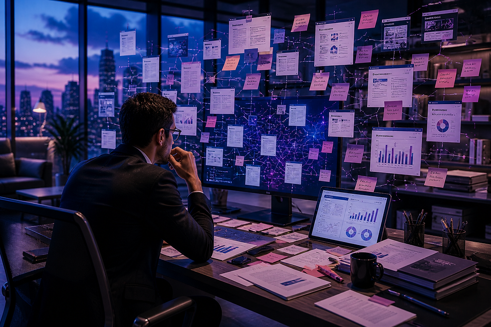 Imagen conceptual sobre fragmentación y desorganización de información corporativa en el sector financiero, mostrando a un profesional rodeado de documentos, plataformas, reportes y señales digitales desconectadas dentro de un entorno tecnológico moderno. La escena representa dificultad de interpretación contextual, baja coherencia semántica y problemas de organización digital para motores de inteligencia artificial, utilizando una estética editorial enterprise hiperrealista en tonos azul, morado y magenta relacionada con GEO, SEO, AEO y LLMO.
