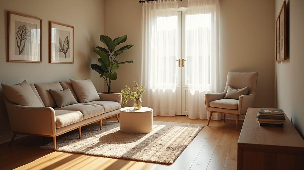 Eye-level view of a cozy therapy room with comfortable seating
