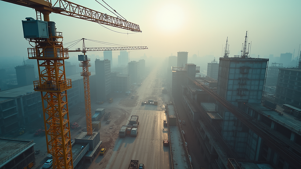 High angle view of a construction site with cranes and workers