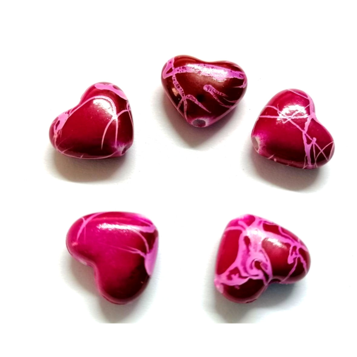 Acrylic Beads - 14mm -  5 pcs - dark pink - Ceramic Optic Hearts