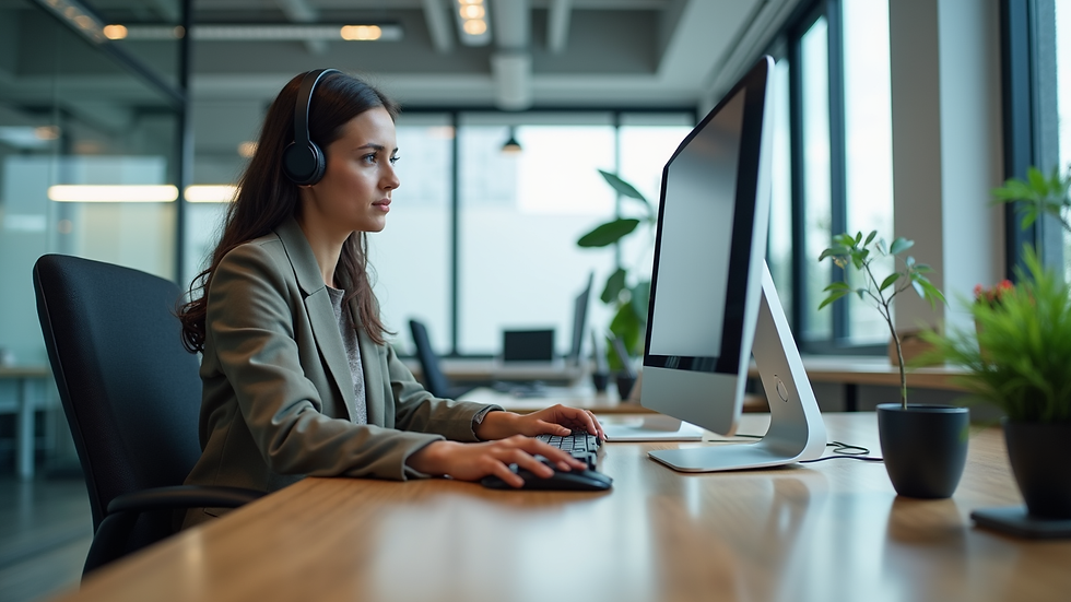 Eye-level view of a modern office with a customer service representative using a computer