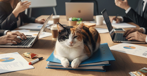 会議中の机の上で寛ぐ三毛猫