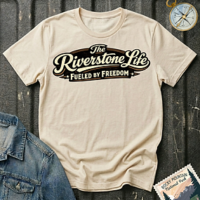 The Riverstone life graphic T-shirt featuring a vintage road trip design inspired by RV Transport and Pickup Truck Adventures