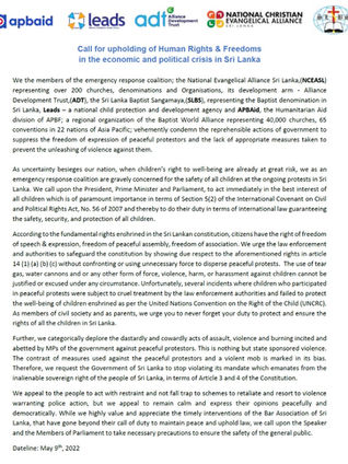 Call for upholding of Human Rights & Freedoms in the economic and political crisis in Sri Lanka