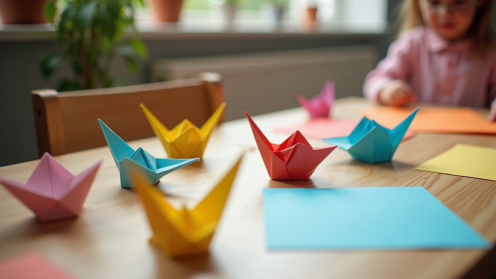High angle view of a child’s colourful origami paper creations on a table