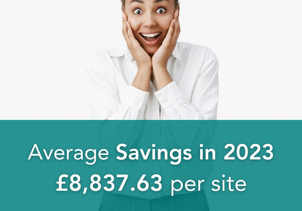 image of a happy woman here, along with text highlighting the average savings per site in 2023.