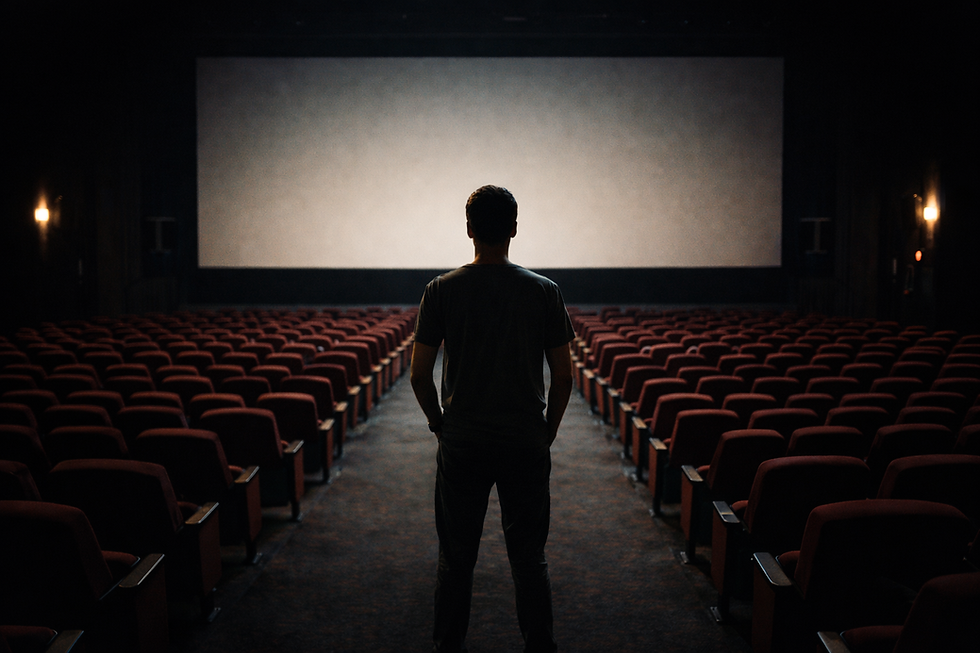 Person stands in an empty theater facing a blank screen. Red seats surround. Dim lighting creates a contemplative atmosphere.