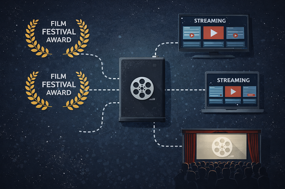 Film reel central, linked to awards, streaming devices, and a theater screen. Text: "Film Festival Award," "Streaming." Blue, cinematic theme.