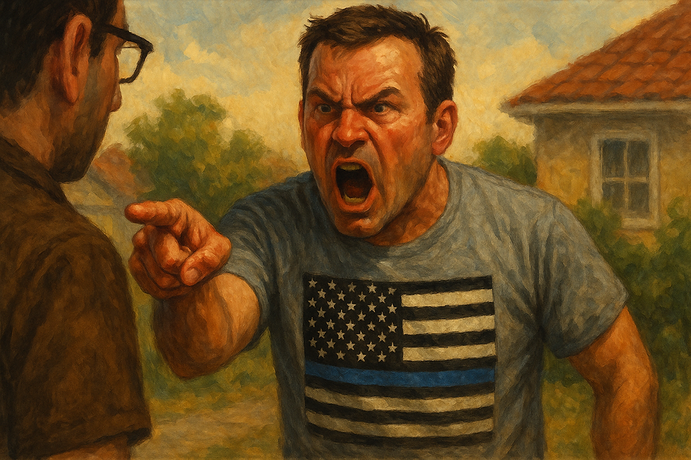 A man points his figure in an accusatory manner at another man in an outdoor suburban setting.