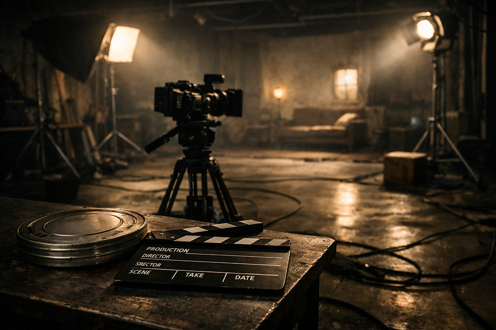 Film set with camera on tripod, clapperboard on table, and warm lighting. Background shows a vintage sofa, creating a moody atmosphere.