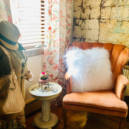 reading area with vintage chair and ceil