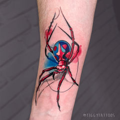 spiderman spider tattoo. colourful tattoo artist Tiggy from the UK, specialising in fandom, nerdy, gaming tattoos