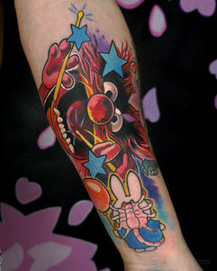 muppets animal drumming tattoo. colourful tattoo artist Tiggy from the UK, specialising in fandom, nerdy, gaming tattoos