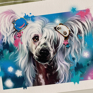 Pet portrait art print, commissioned art print, digital art, chinese crested dog, kawaii