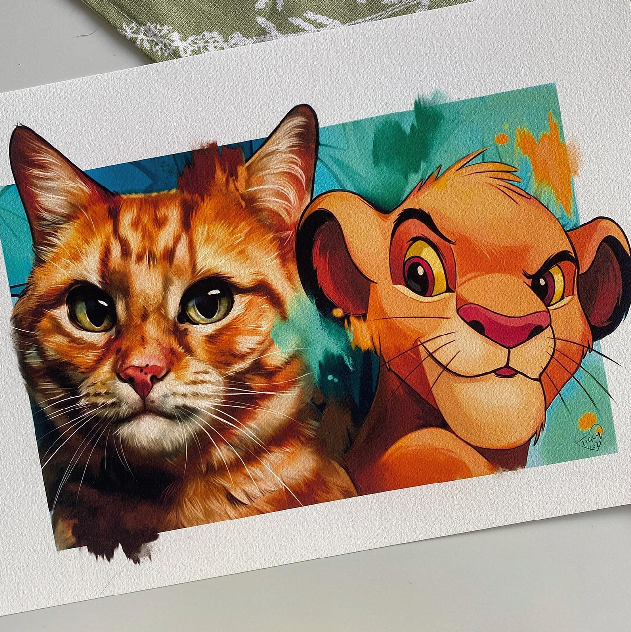 Pet portrait art print, commissioned art print, digital art, ginger cat and simba from lion king