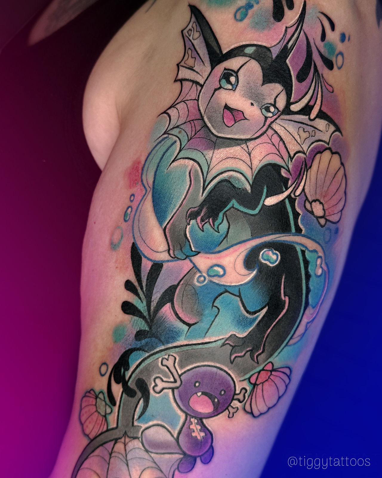 colourful pokemon tattoo, halloween tattoo ideas in gloucester uk, vaporeon and wooper