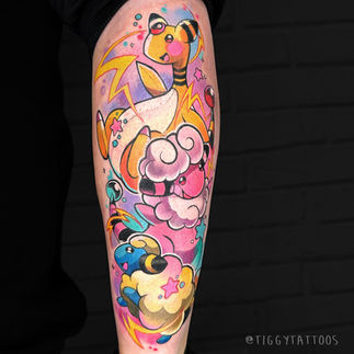 ampharos flaafy and mareep in a brightly coloured whimsical tattoo style by tiggy tattoos who is a pokemon tattooist from gloucester uk