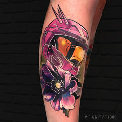 master chief mjolnir tattoo colourful gaming videogame tattoos by gloucester artist Tiggy Tattoos in the UK