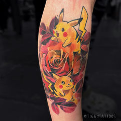 pikachu and realistic rose Pokémon tattoo by colour tattooist Tiggy Tattoos, located in Gloucester UK