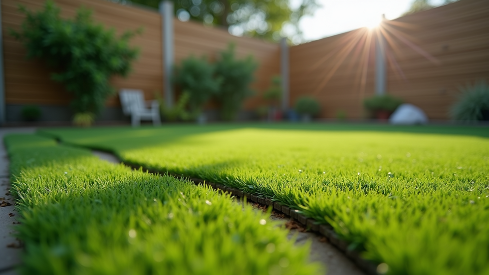 Close-up view of artificial turf being cut and fitted to a backyard space