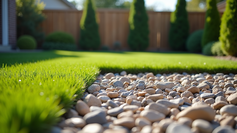 High angle view of a prepared yard with crushed rock base ready for turf installation